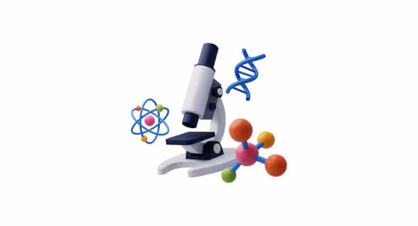A simple modern graphic depicting a microscope, an atom symbol and a DNA symbol. 